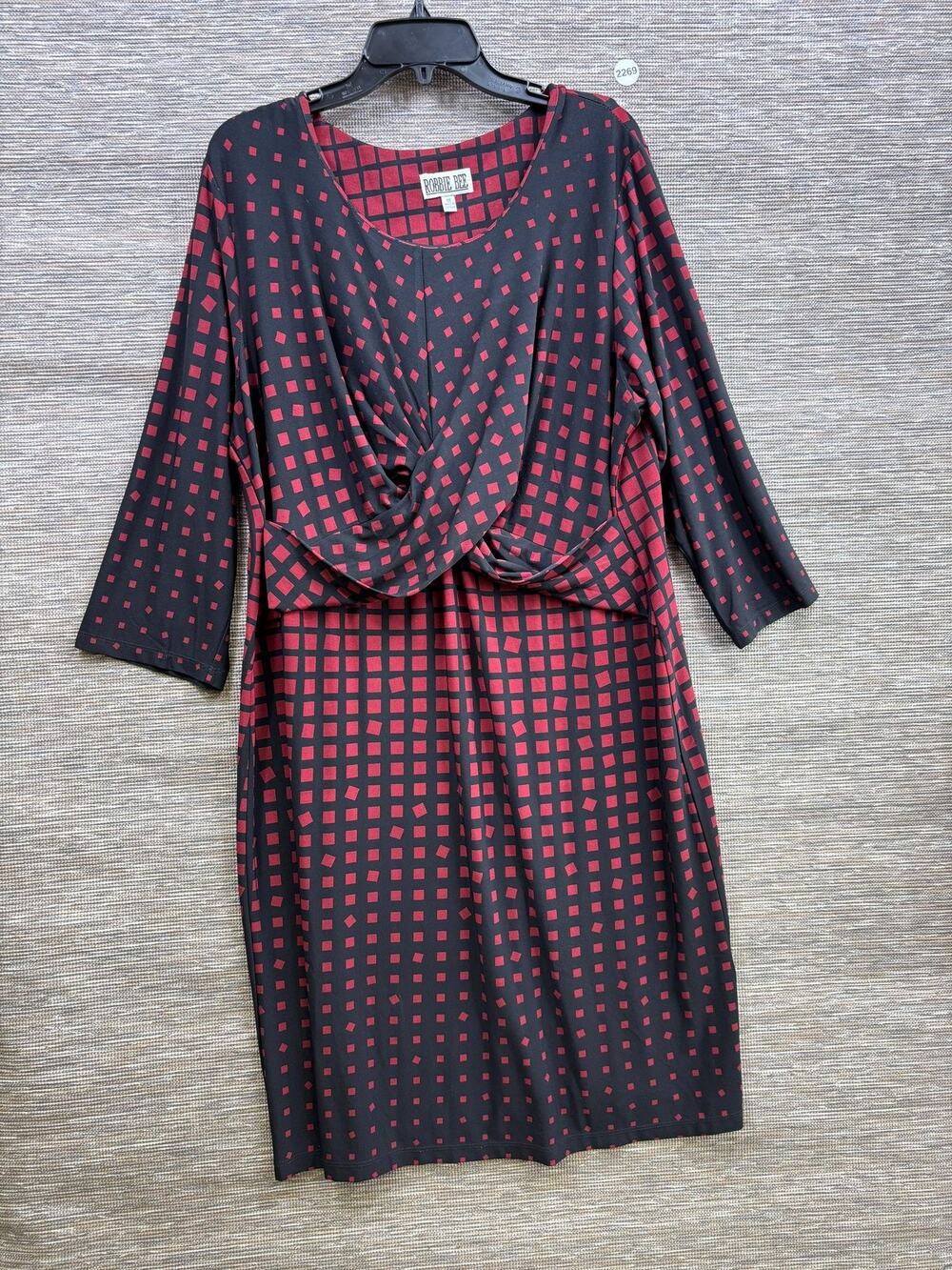 Robbie Bee Dress Womens Plus 1X Red Check Jersey Draped Sheath Midi Workwear